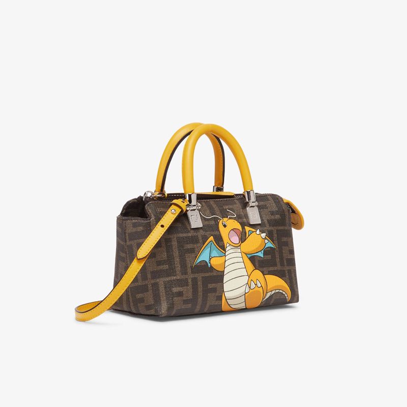 Affordable Fendi Mini By The Way Boston Bag In Pokmon Dragon FF Motif Fabric Brown Yellow