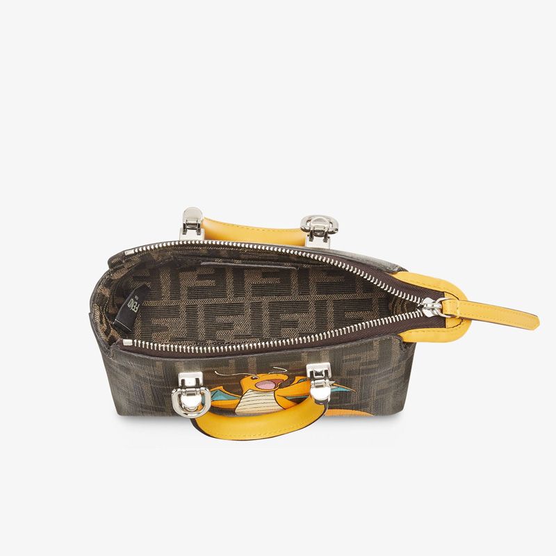 Affordable Fendi Mini By The Way Boston Bag In Pokmon Dragon FF Motif Fabric Brown Yellow