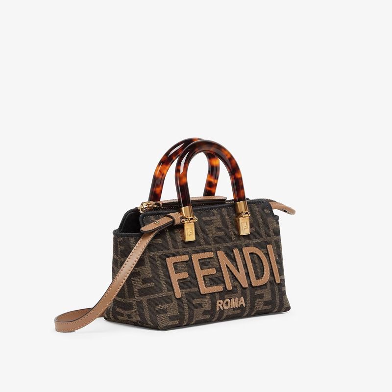 Affordable Fendi Mini By The Way Boston Bag In ROMA Logo FF Motif Fabric Brown