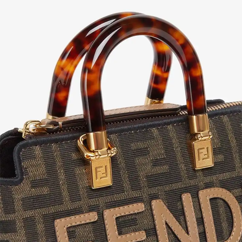 Affordable Fendi Mini By The Way Boston Bag In ROMA Logo FF Motif Fabric Brown