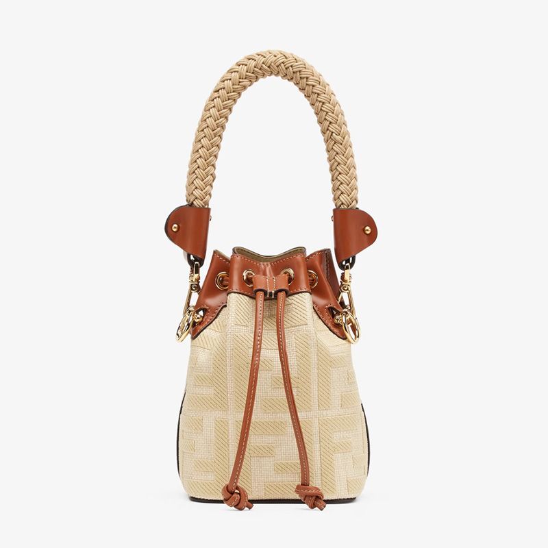 Affordable Fendi Mini Mon Tresor Bucket Bag with Straw Handle In FF Motif Straw Beige