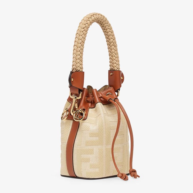 Affordable Fendi Mini Mon Tresor Bucket Bag with Straw Handle In FF Motif Straw Beige