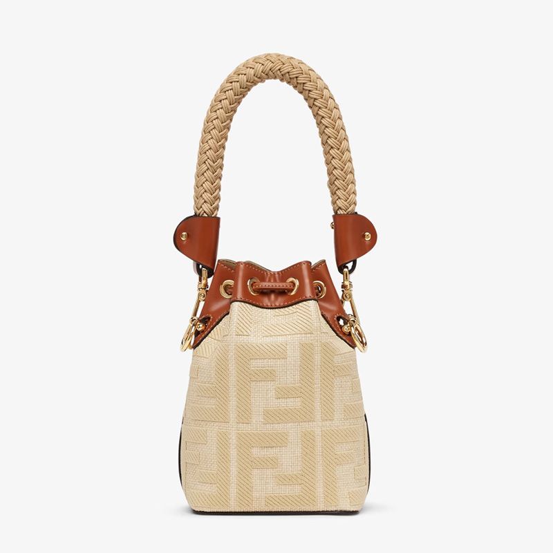 Affordable Fendi Mini Mon Tresor Bucket Bag with Straw Handle In FF Motif Straw Beige