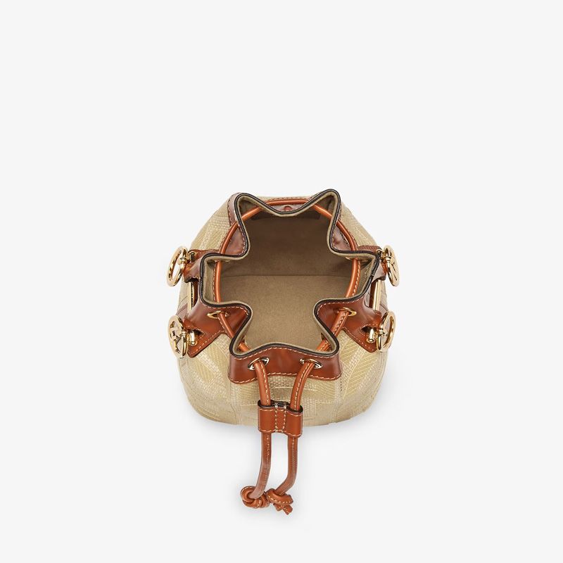 Affordable Fendi Mini Mon Tresor Bucket Bag with Straw Handle In FF Motif Straw Beige