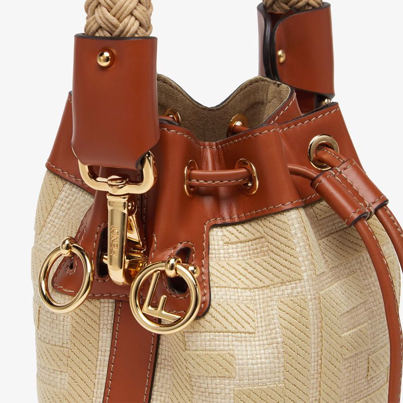 Affordable Fendi Mini Mon Tresor Bucket Bag with Straw Handle In FF Motif Straw Beige