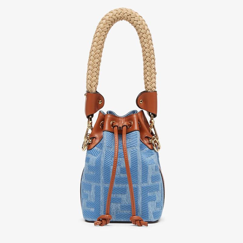 Affordable Fendi Mini Mon Tresor Bucket Bag with Straw Handle In FF Motif Straw Blue