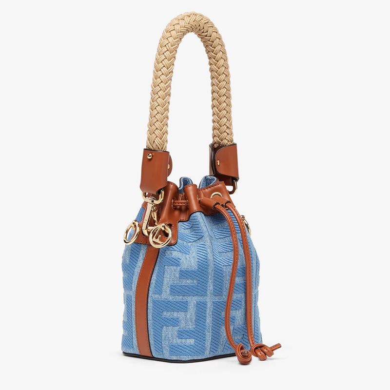 Affordable Fendi Mini Mon Tresor Bucket Bag with Straw Handle In FF Motif Straw Blue