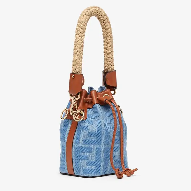 Cheap Fendi Mini Mon Tresor Bucket Bag with Straw Handle In FF Motif Straw Blue