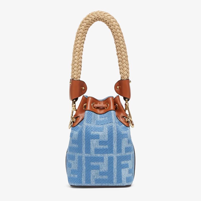 Affordable Fendi Mini Mon Tresor Bucket Bag with Straw Handle In FF Motif Straw Blue