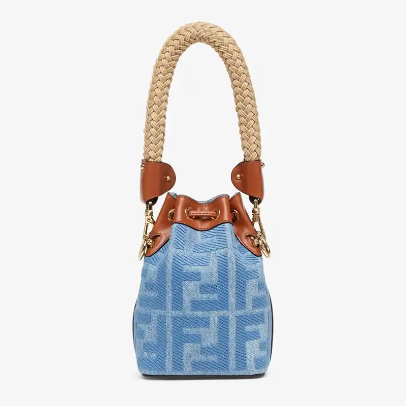 Cheap Fendi Mini Mon Tresor Bucket Bag with Straw Handle In FF Motif Straw Blue