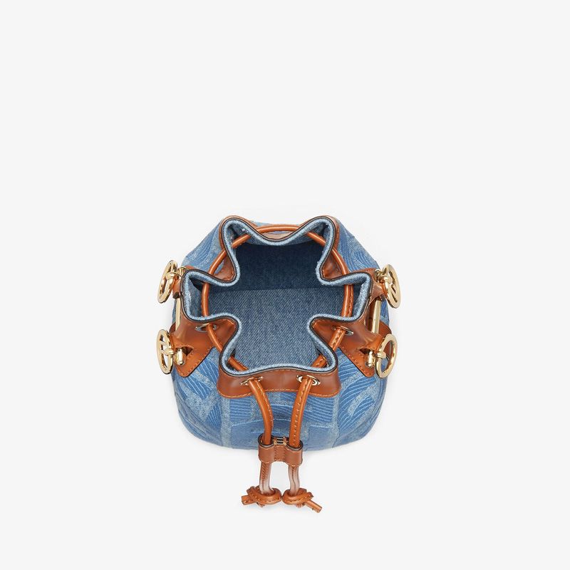 Affordable Fendi Mini Mon Tresor Bucket Bag with Straw Handle In FF Motif Straw Blue