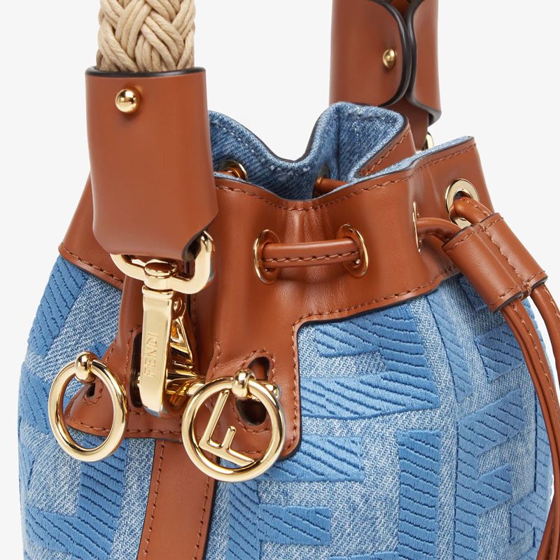 Affordable Fendi Mini Mon Tresor Bucket Bag with Straw Handle In FF Motif Straw Blue