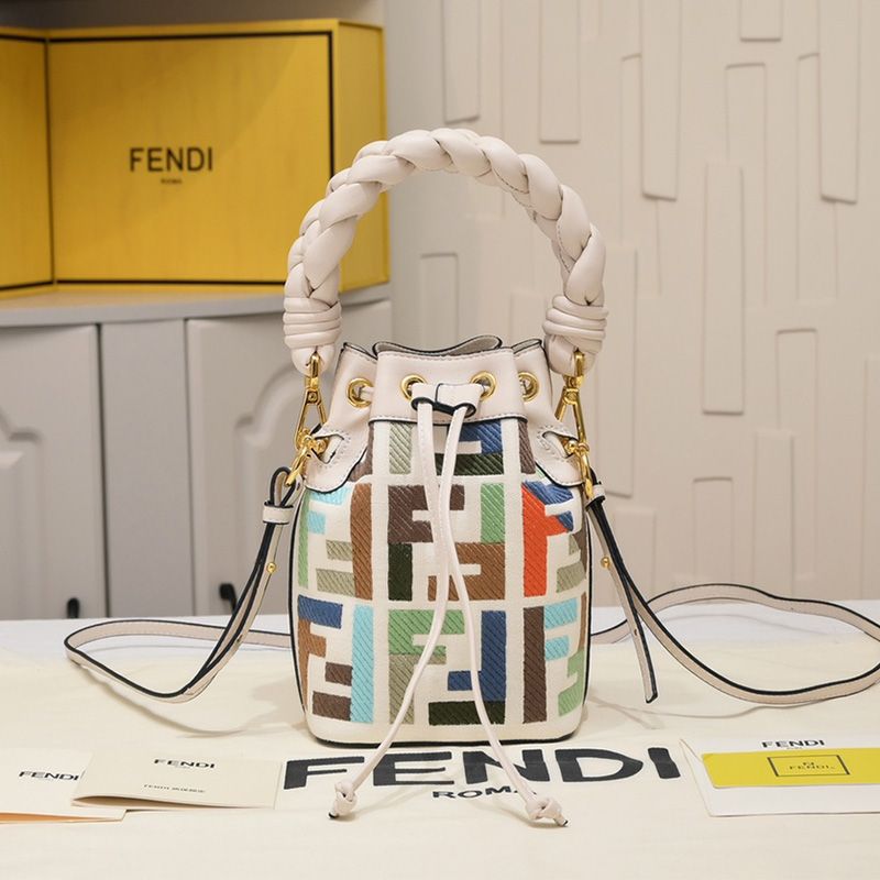 Affordable Fendi Mini Mon Tresor Bucket Bag with Woven Handle In FF Motif Canvas Beige