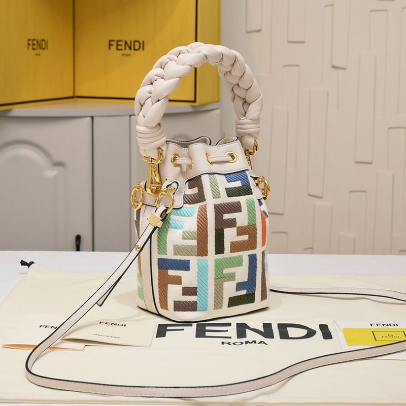 Affordable Fendi Mini Mon Tresor Bucket Bag with Woven Handle In FF Motif Canvas Beige