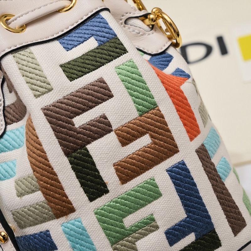 Affordable Fendi Mini Mon Tresor Bucket Bag with Woven Handle In FF Motif Canvas Beige