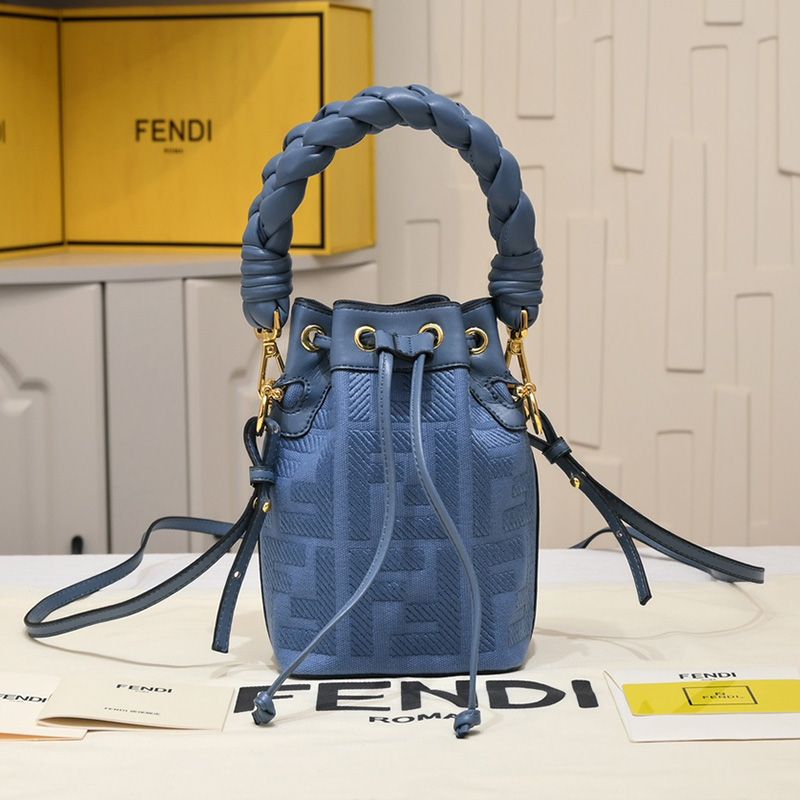 Affordable Fendi Mini Mon Tresor Bucket Bag with Woven Handle In FF Motif Canvas Blue