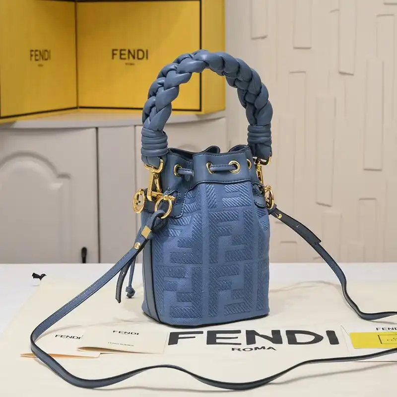 Affordable Fendi Mini Mon Tresor Bucket Bag with Woven Handle In FF Motif Canvas Blue