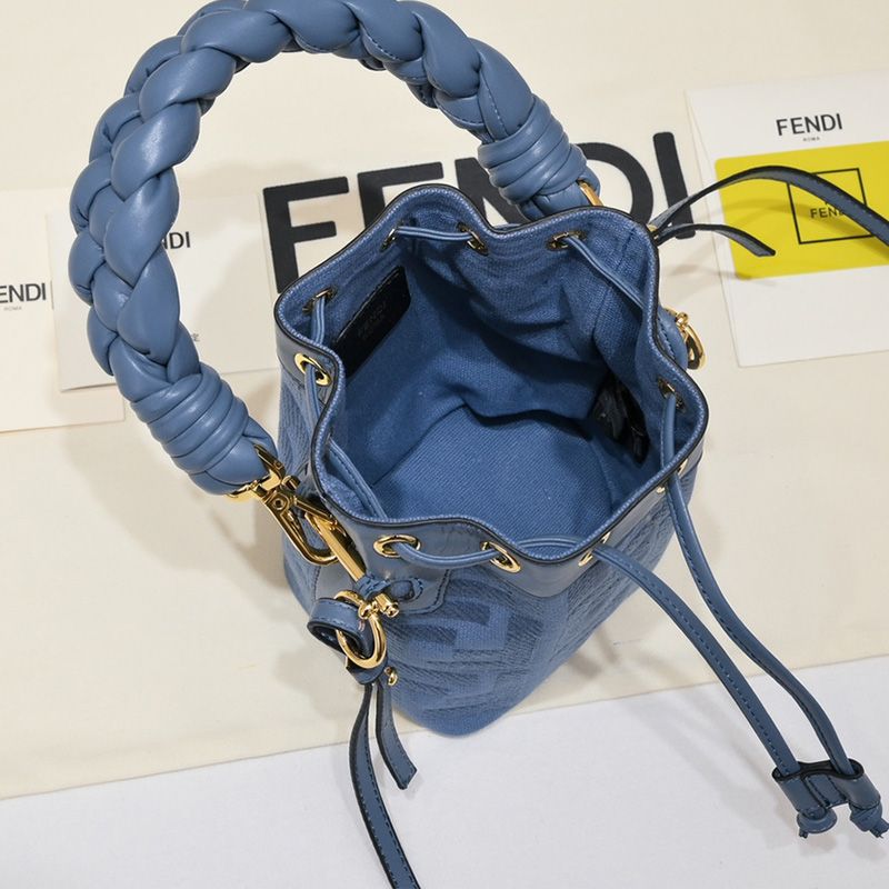 Affordable Fendi Mini Mon Tresor Bucket Bag with Woven Handle In FF Motif Canvas Blue