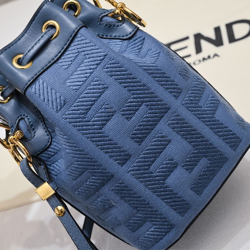 Affordable Fendi Mini Mon Tresor Bucket Bag with Woven Handle In FF Motif Canvas Blue