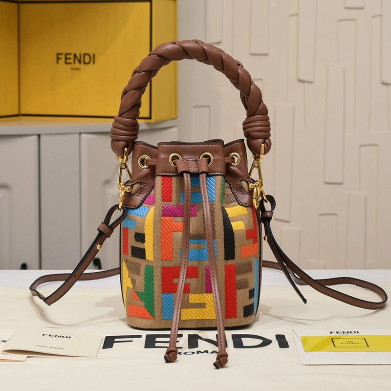 Affordable Fendi Mini Mon Tresor Bucket Bag with Woven Handle In FF Motif Canvas Brown