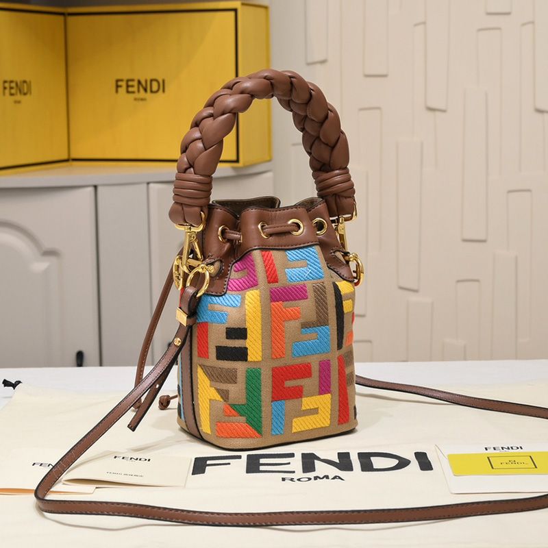 Affordable Fendi Mini Mon Tresor Bucket Bag with Woven Handle In FF Motif Canvas Brown