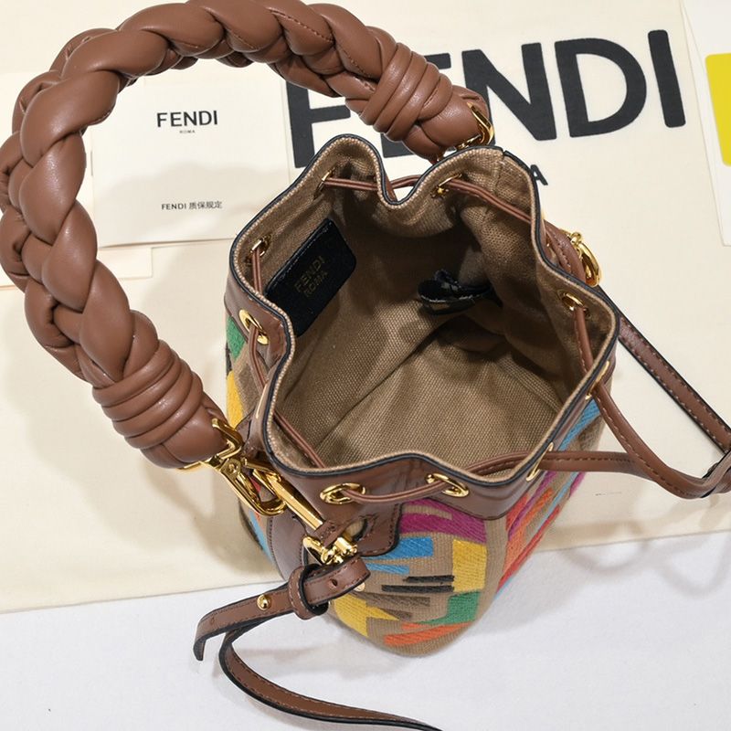 Affordable Fendi Mini Mon Tresor Bucket Bag with Woven Handle In FF Motif Canvas Brown