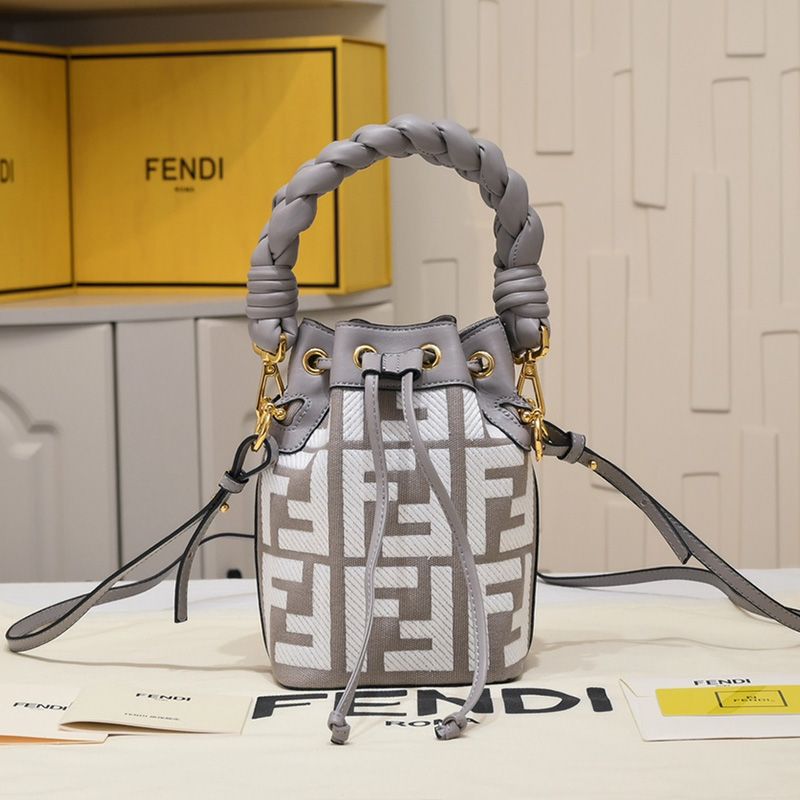 Affordable Fendi Mini Mon Tresor Bucket Bag with Woven Handle In FF Motif Canvas Grey