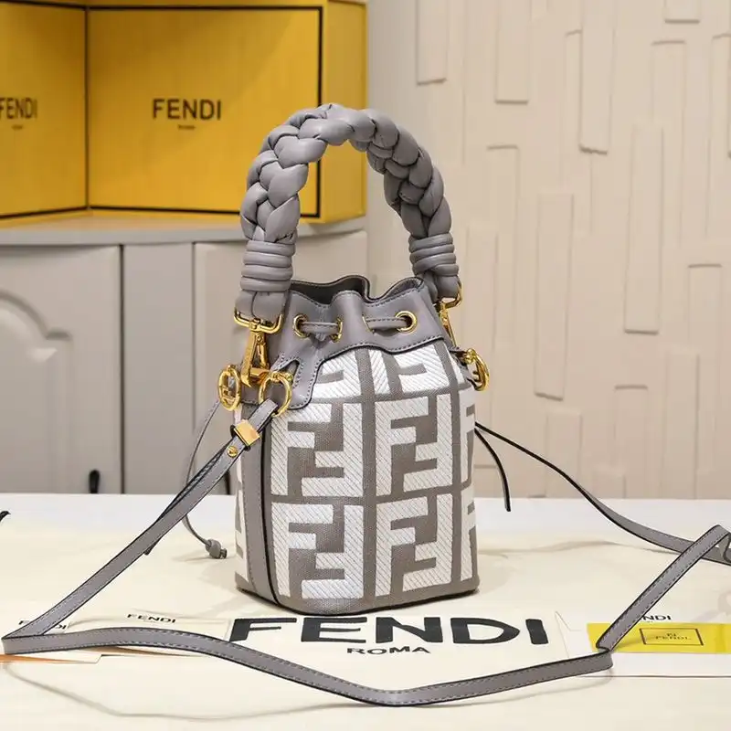 Affordable Fendi Mini Mon Tresor Bucket Bag with Woven Handle In FF Motif Canvas Grey