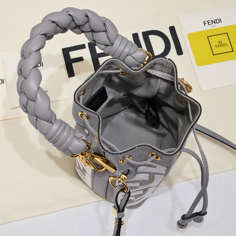 Affordable Fendi Mini Mon Tresor Bucket Bag with Woven Handle In FF Motif Canvas Grey