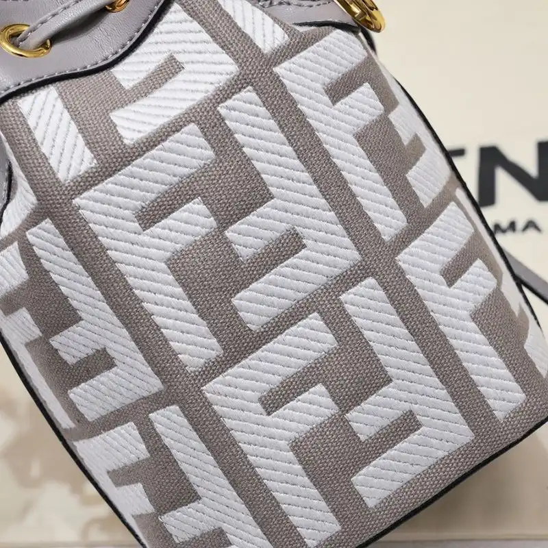 Affordable Fendi Mini Mon Tresor Bucket Bag with Woven Handle In FF Motif Canvas Grey