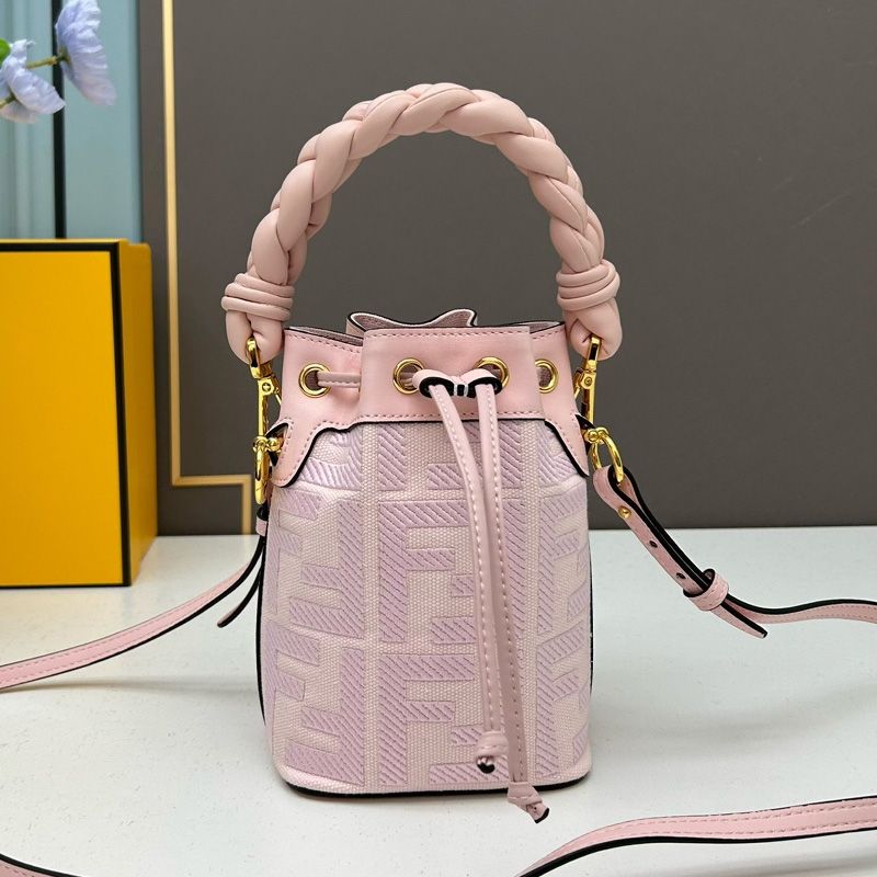 Affordable Fendi Mini Mon Tresor Bucket Bag with Woven Handle In FF Motif Canvas Pink