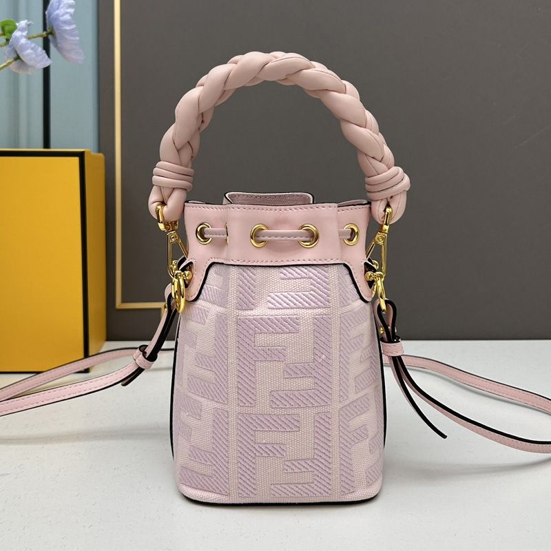 Affordable Fendi Mini Mon Tresor Bucket Bag with Woven Handle In FF Motif Canvas Pink