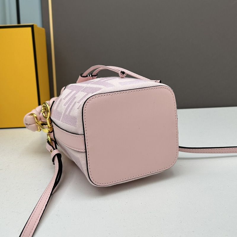 Affordable Fendi Mini Mon Tresor Bucket Bag with Woven Handle In FF Motif Canvas Pink