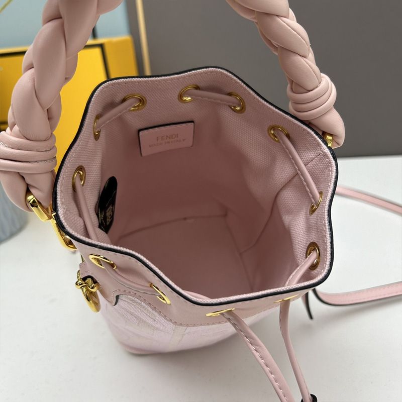 Affordable Fendi Mini Mon Tresor Bucket Bag with Woven Handle In FF Motif Canvas Pink