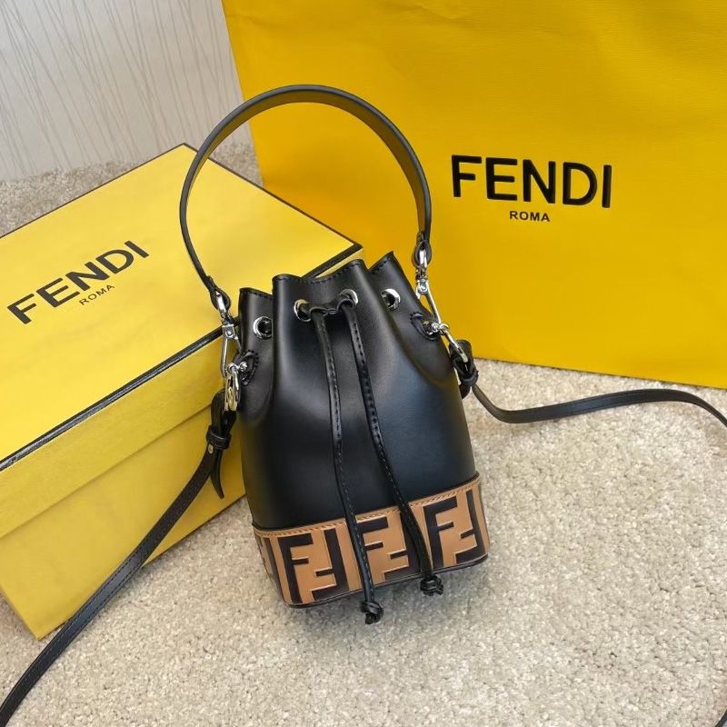 Affordable Fendi Mini Mon Tresor Bucket Bag In FF Motif Calf Leather Brown Black