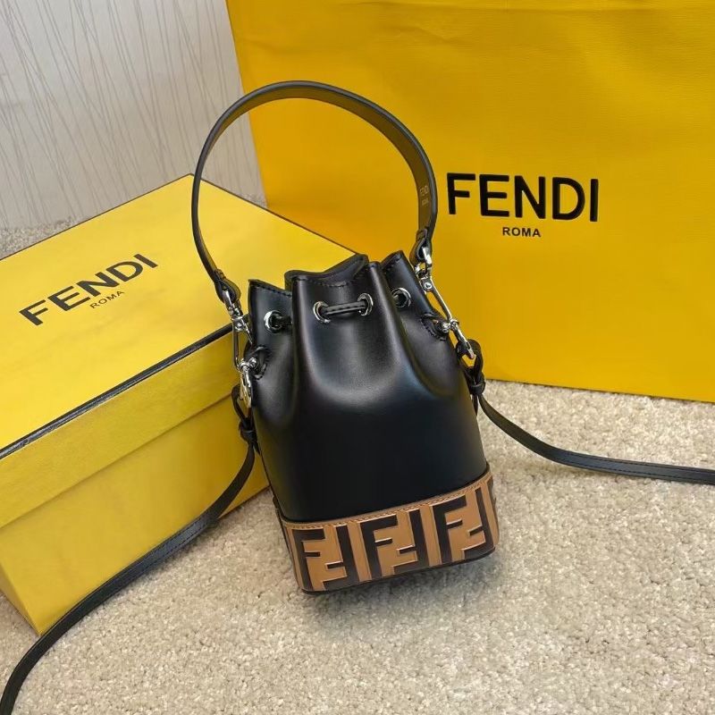 Affordable Fendi Mini Mon Tresor Bucket Bag In FF Motif Calf Leather Brown Black