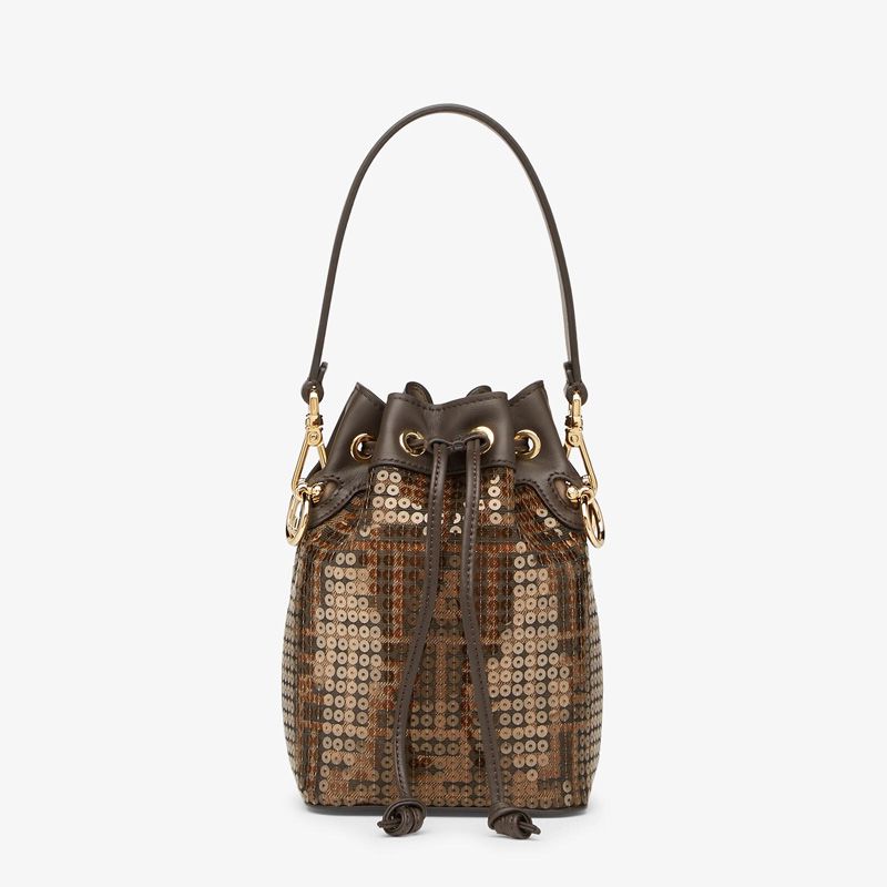 Affordable Fendi Mini Mon Tresor Bucket Bag In FF Motif Fabric with Sequins Brown