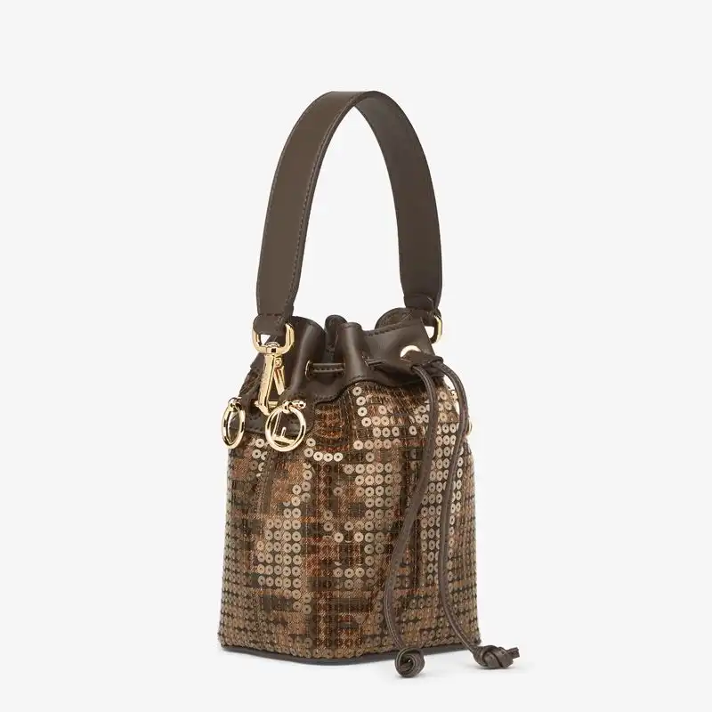 Affordable Fendi Mini Mon Tresor Bucket Bag In FF Motif Fabric with Sequins Brown