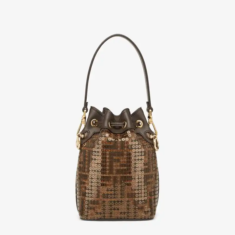 Affordable Fendi Mini Mon Tresor Bucket Bag In FF Motif Fabric with Sequins Brown