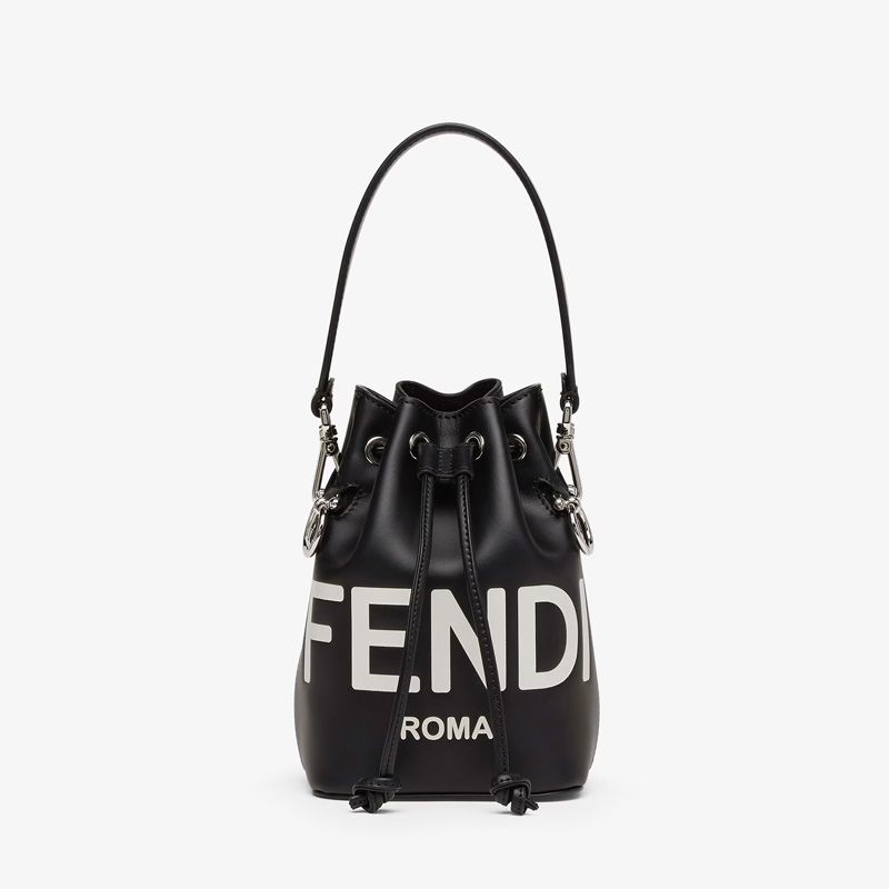 Affordable Fendi Mini Mon Tresor Bucket Bag In ROMA Logo Calf Leather Black White