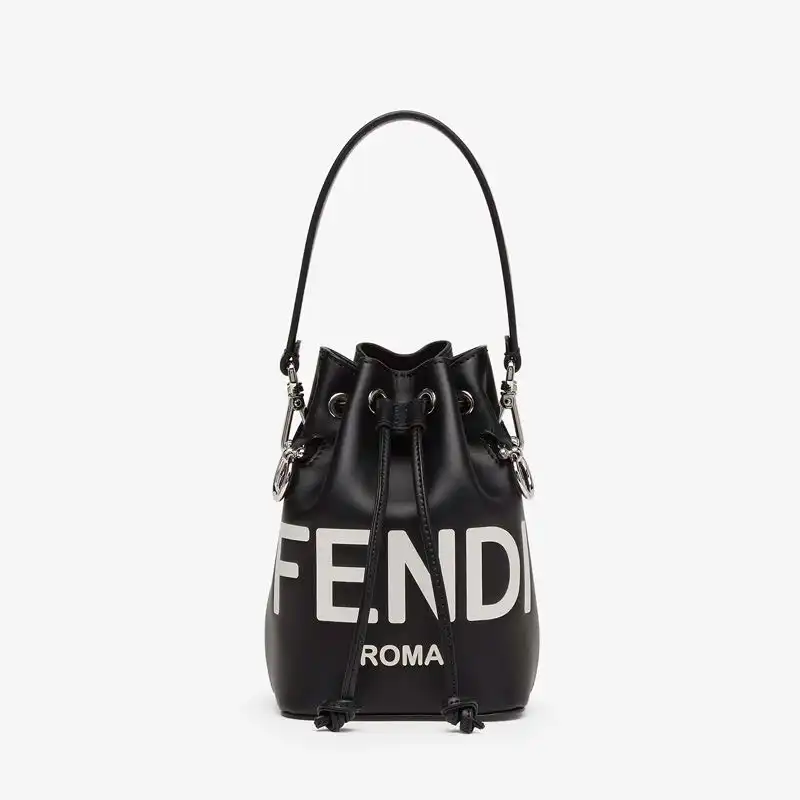 Fendi Mini Mon Tresor Bucket Bag In ROMA Logo Calf Leather Black White