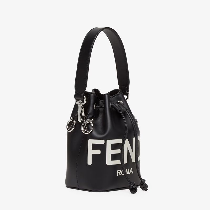 Affordable Fendi Mini Mon Tresor Bucket Bag In ROMA Logo Calf Leather Black White