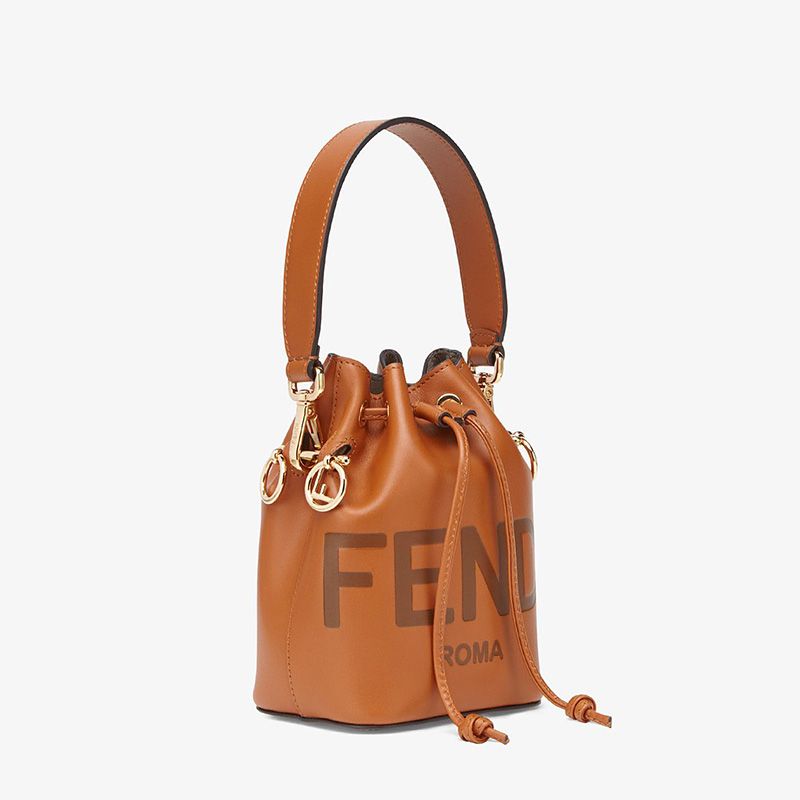 Affordable Fendi Mini Mon Tresor Bucket Bag In ROMA Logo Calf Leather Brown