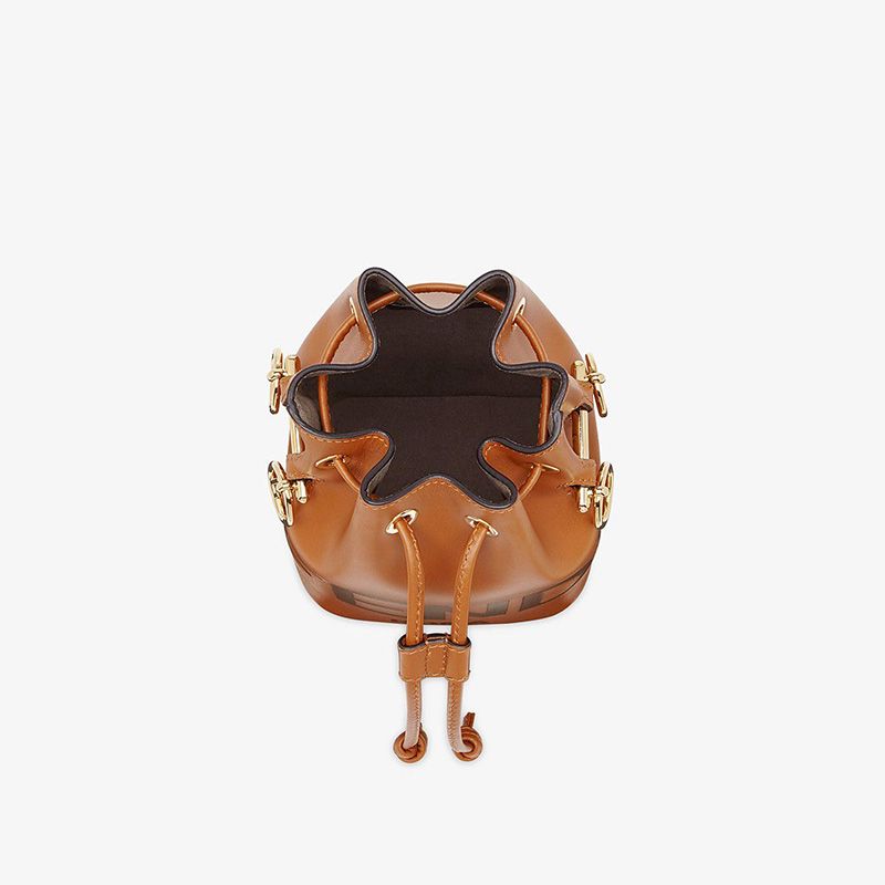 Affordable Fendi Mini Mon Tresor Bucket Bag In ROMA Logo Calf Leather Brown