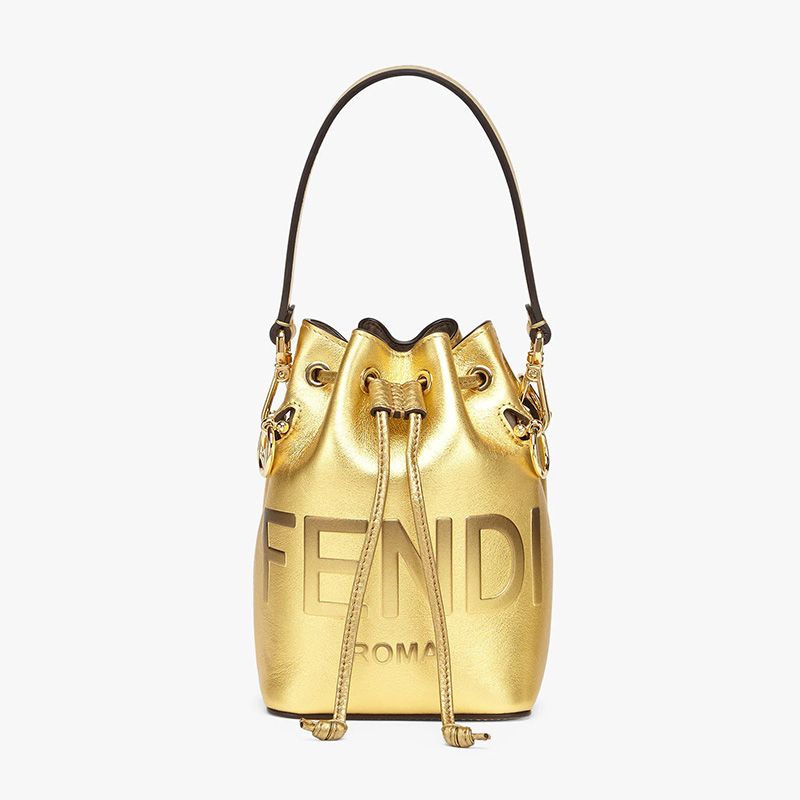 Affordable Fendi Mini Mon Tresor Bucket Bag In ROMA Logo Calf Leather Gold