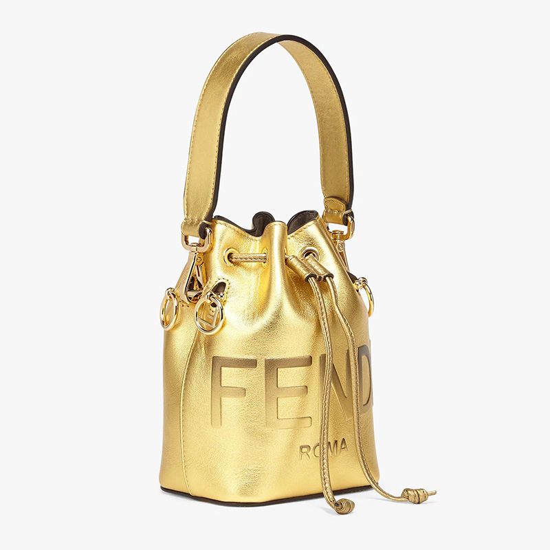 Affordable Fendi Mini Mon Tresor Bucket Bag In ROMA Logo Calf Leather Gold