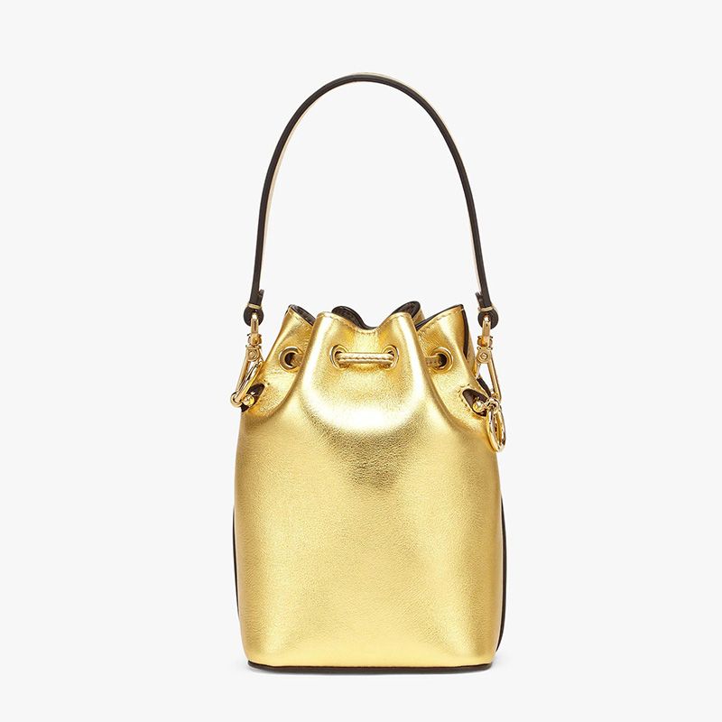 Affordable Fendi Mini Mon Tresor Bucket Bag In ROMA Logo Calf Leather Gold