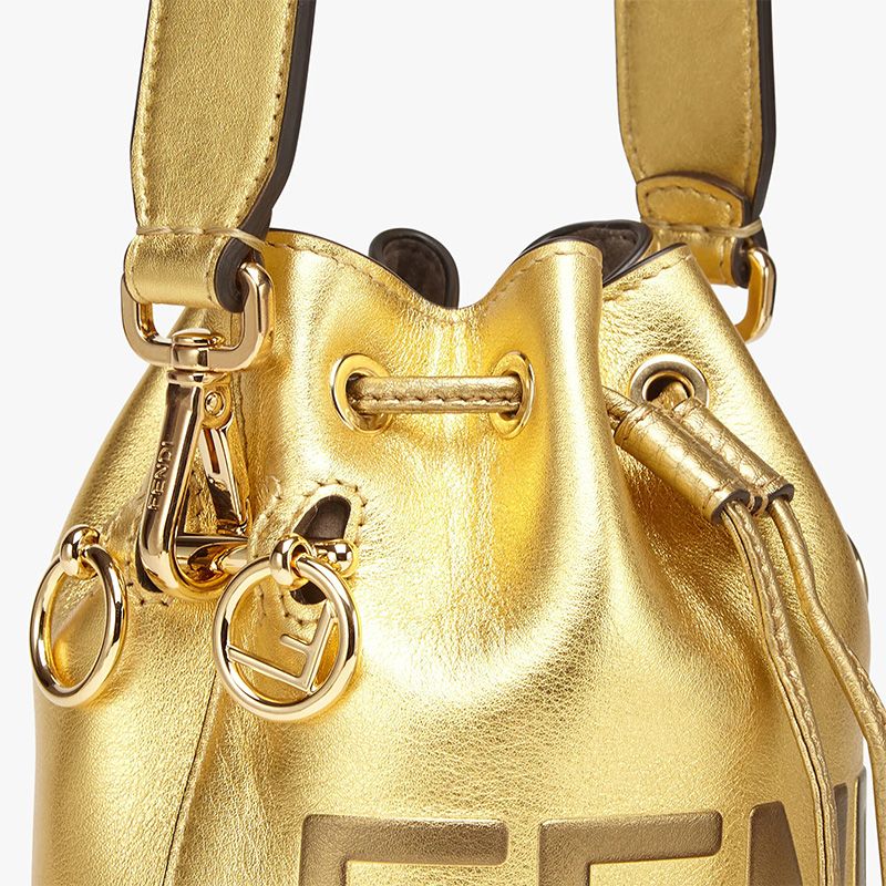 Affordable Fendi Mini Mon Tresor Bucket Bag In ROMA Logo Calf Leather Gold