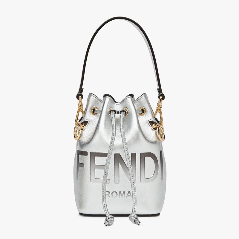 Affordable Fendi Mini Mon Tresor Bucket Bag In ROMA Logo Calf Leather Silver