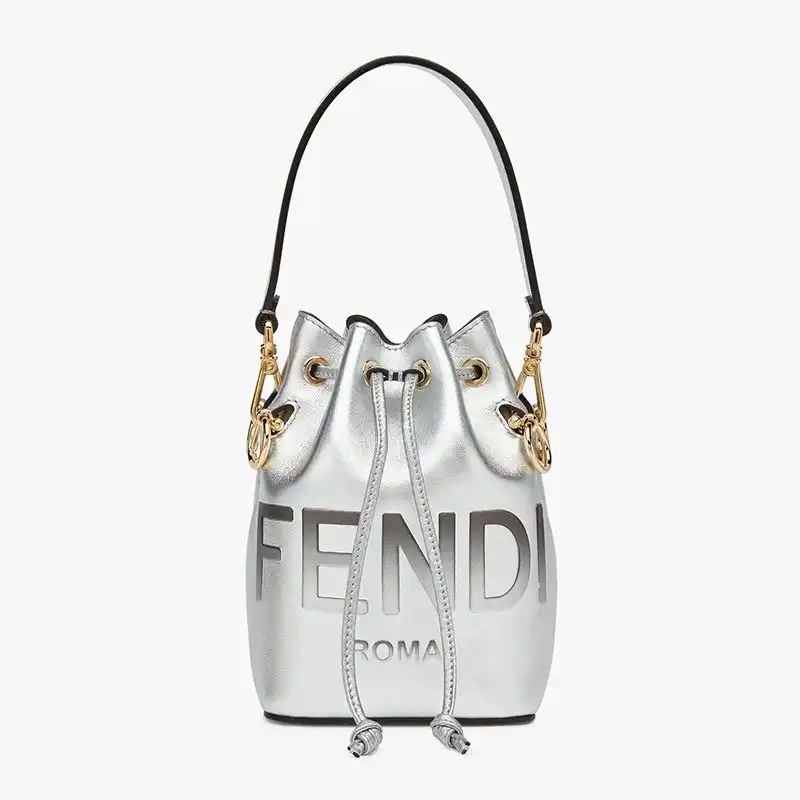 Fendi Mini Mon Tresor Bucket Bag In ROMA Logo Calf Leather Silver